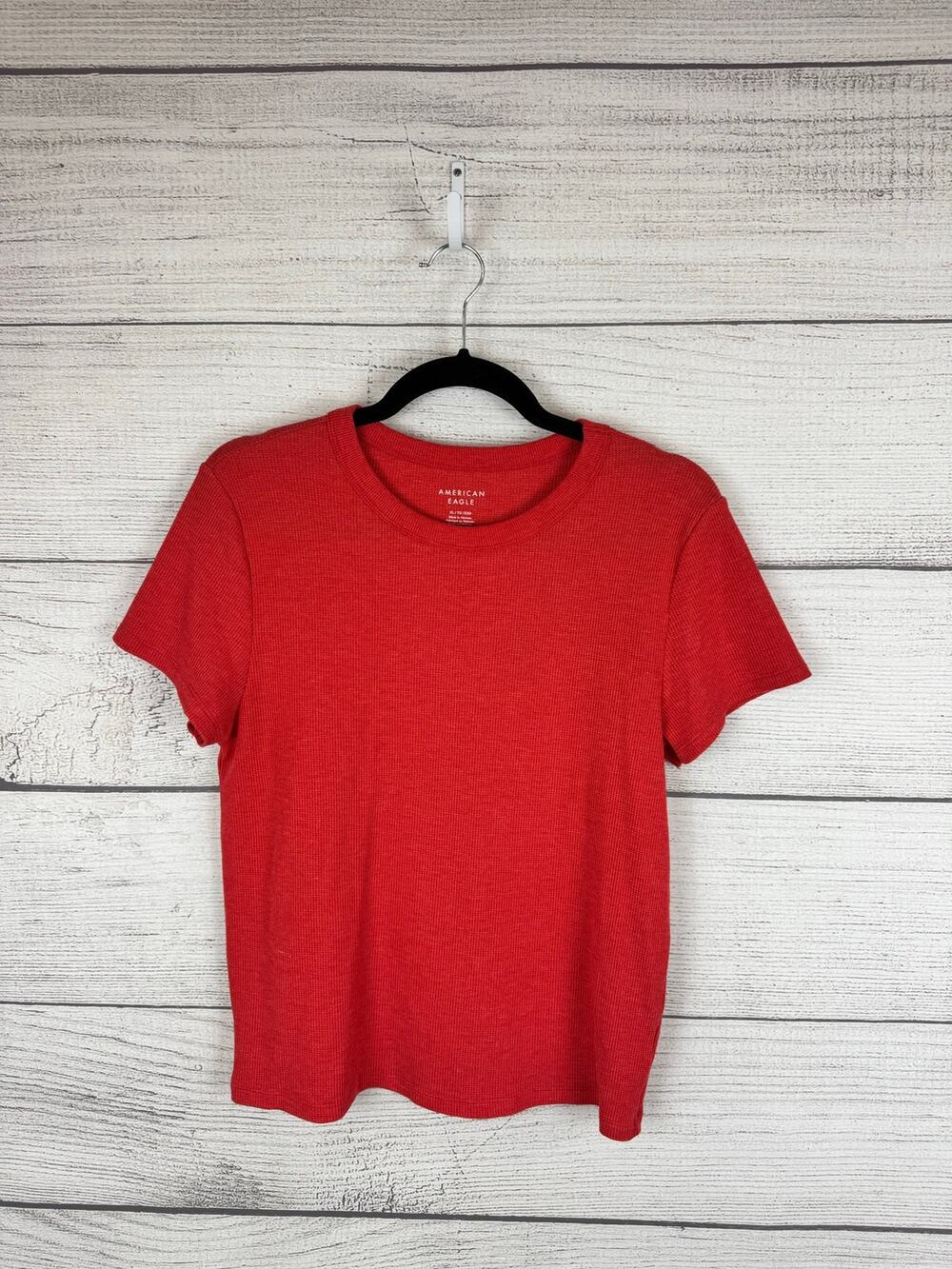 American Eagle Women's Red Washed Waffle Knit Short Sleeve Tee Size XL